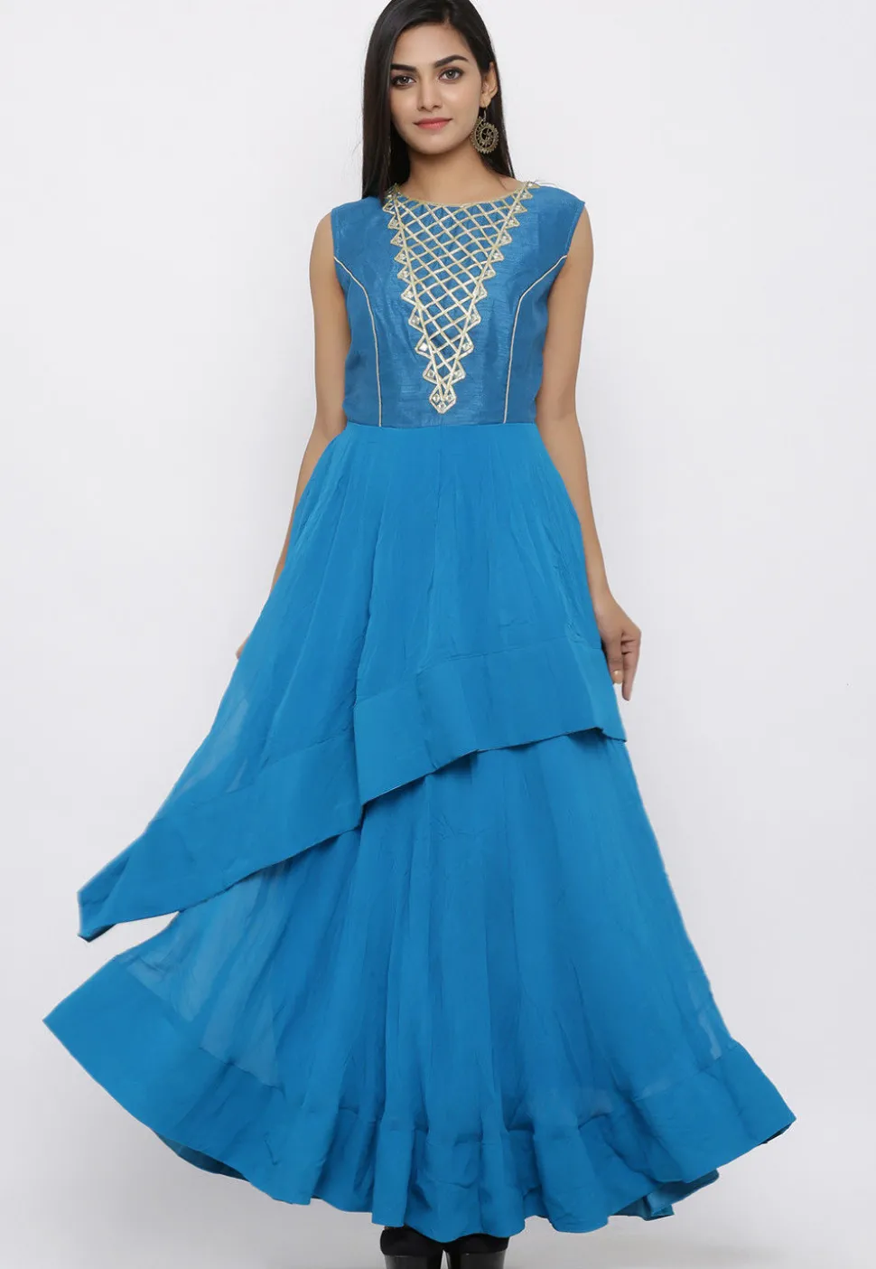 Embroidered Georgette Layered Kurta in Blue