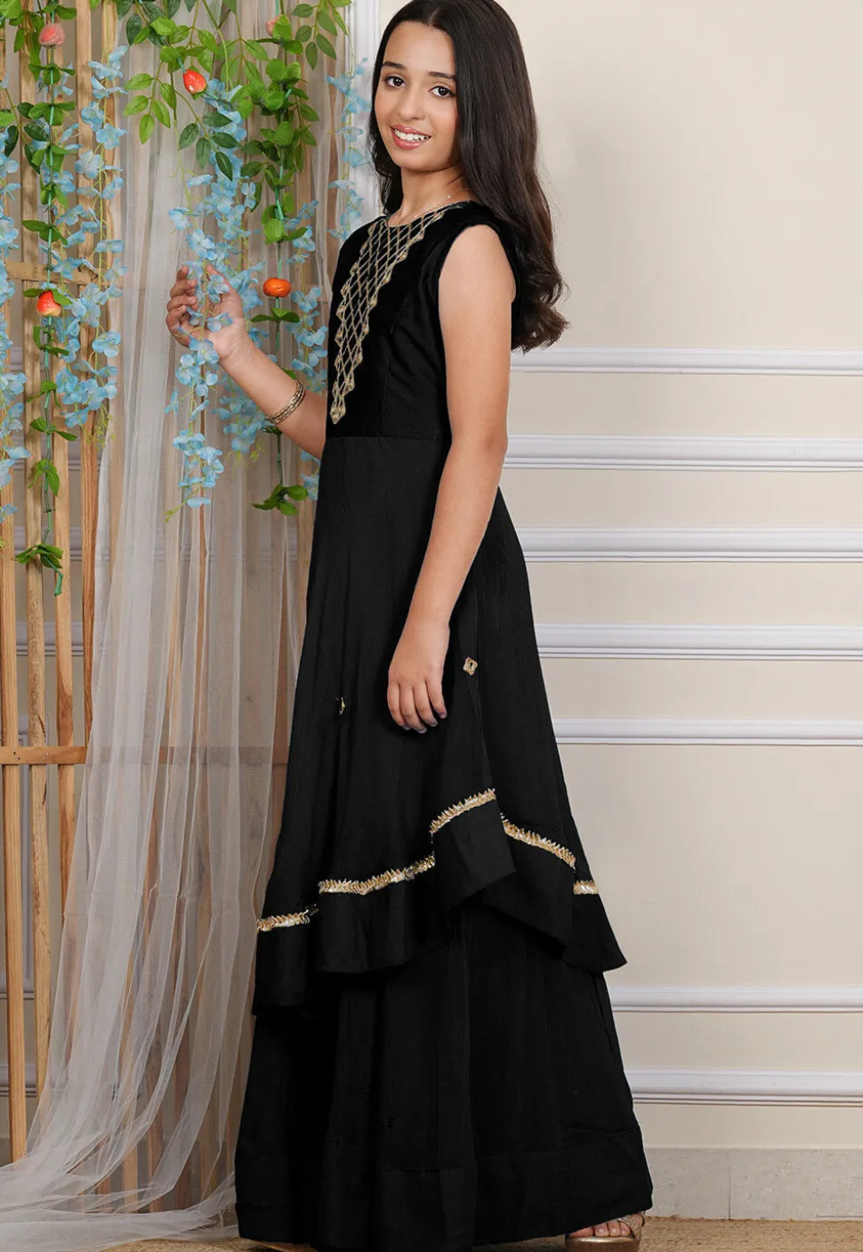 Embroidered Georgette Layered Gown in Black