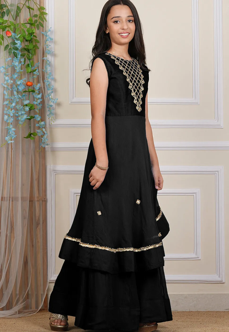 Embroidered Georgette Layered Gown in Black
