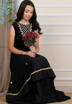 Embroidered Georgette Layered Gown in Black