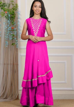 Embroidered Georgette Layered Gown in Fuchsia