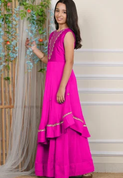 Embroidered Georgette Layered Gown in Fuchsia