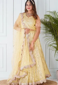 Embroidered Georgette Lehenga in Light Yellow
