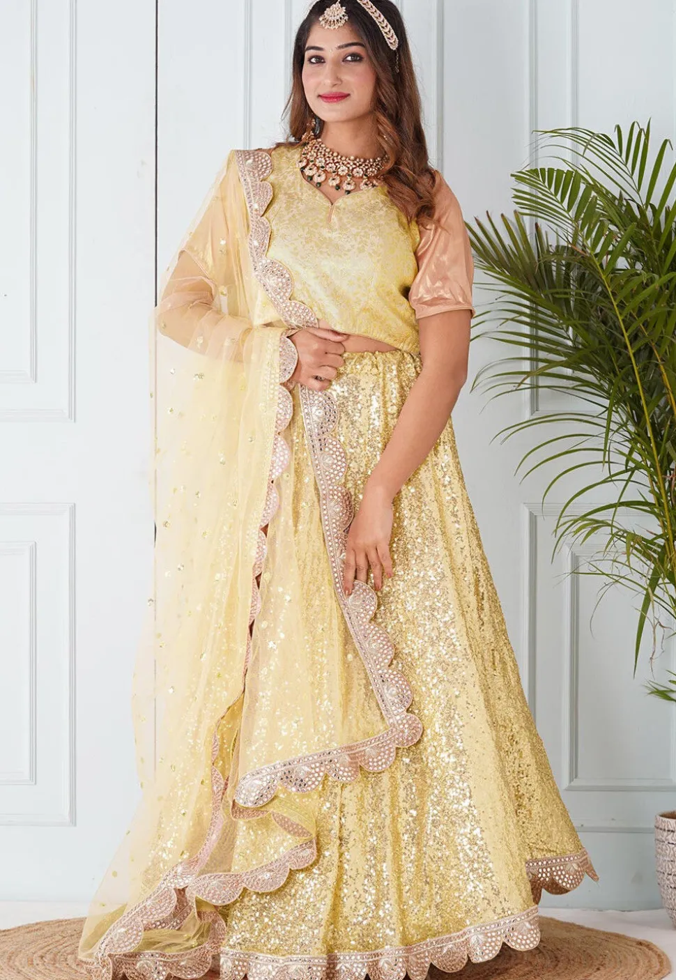 Embroidered Georgette Lehenga in Light Yellow