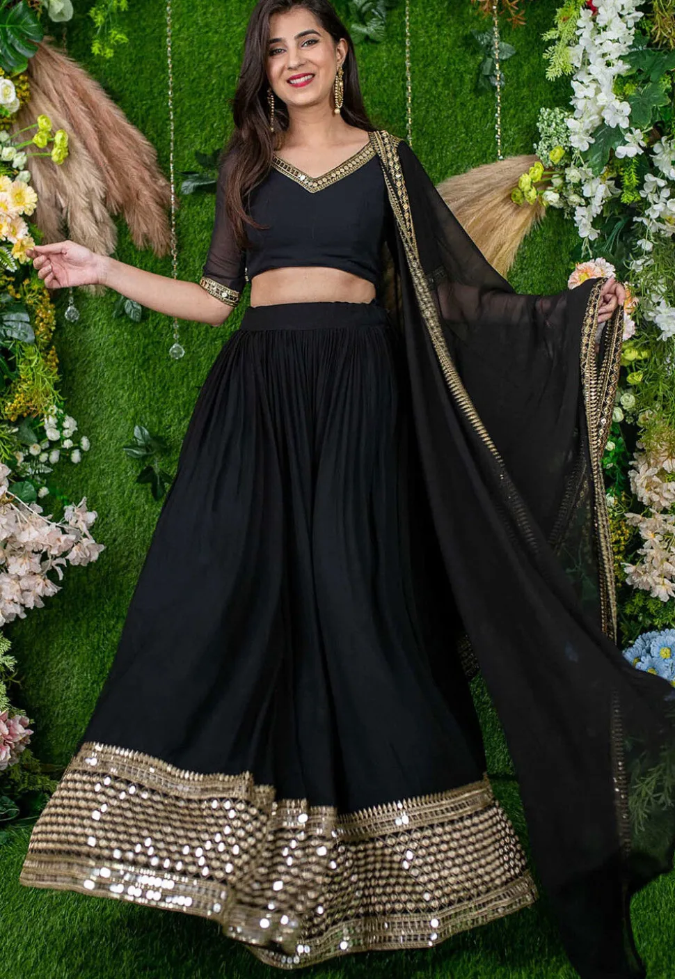 Embroidered Georgette Lehenga in Black