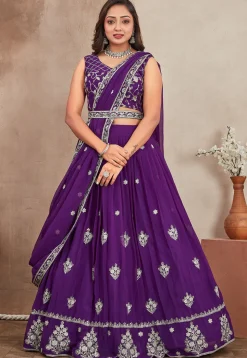 Embroidered Georgette Lehenga in Purple