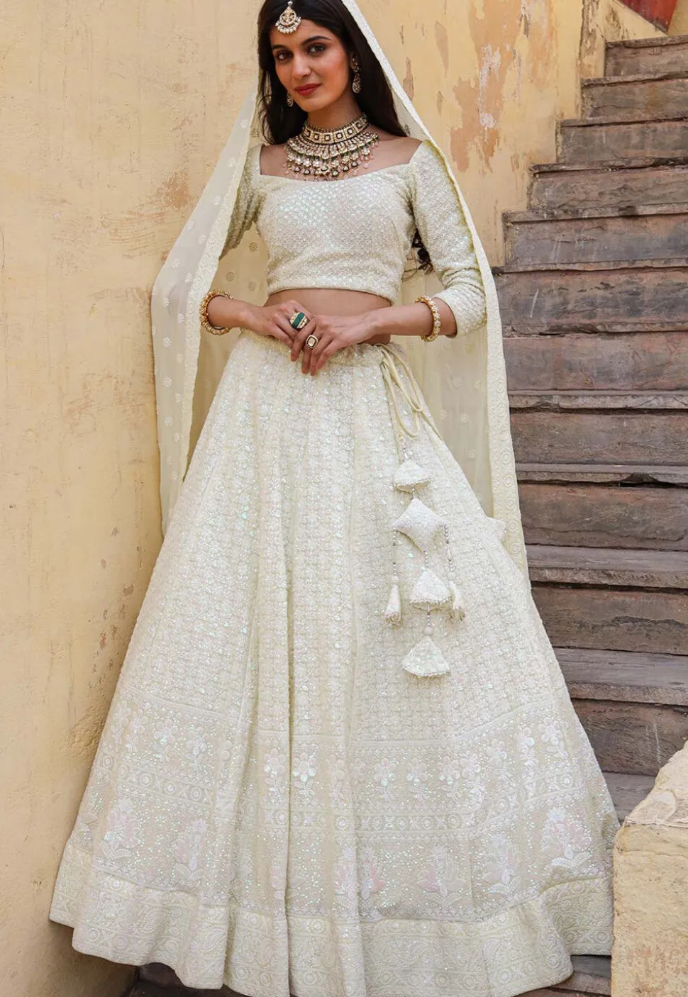 Embroidered Georgette Lehenga in Pastel Yellow