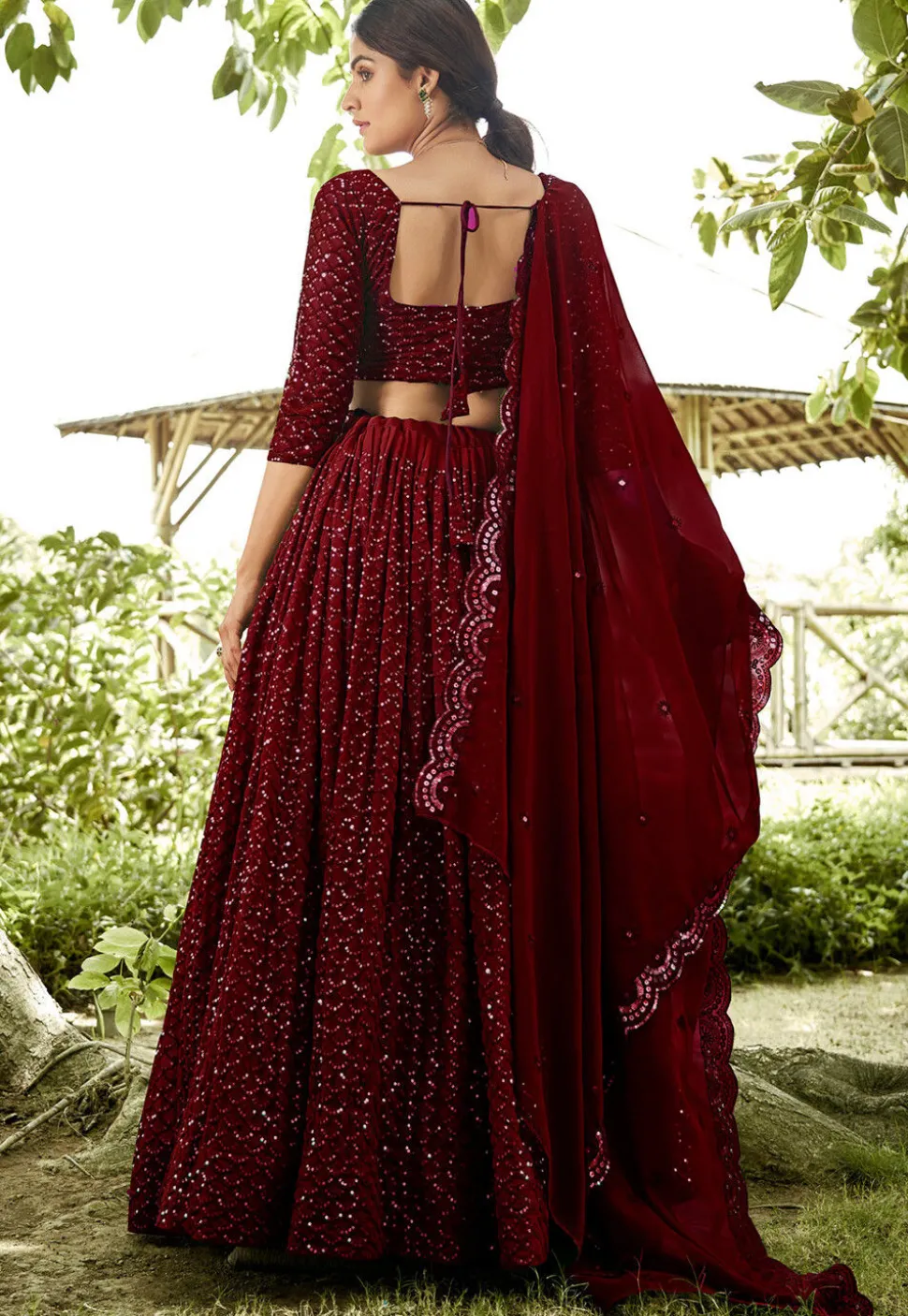 Embroidered Georgette Lehenga in Maroon