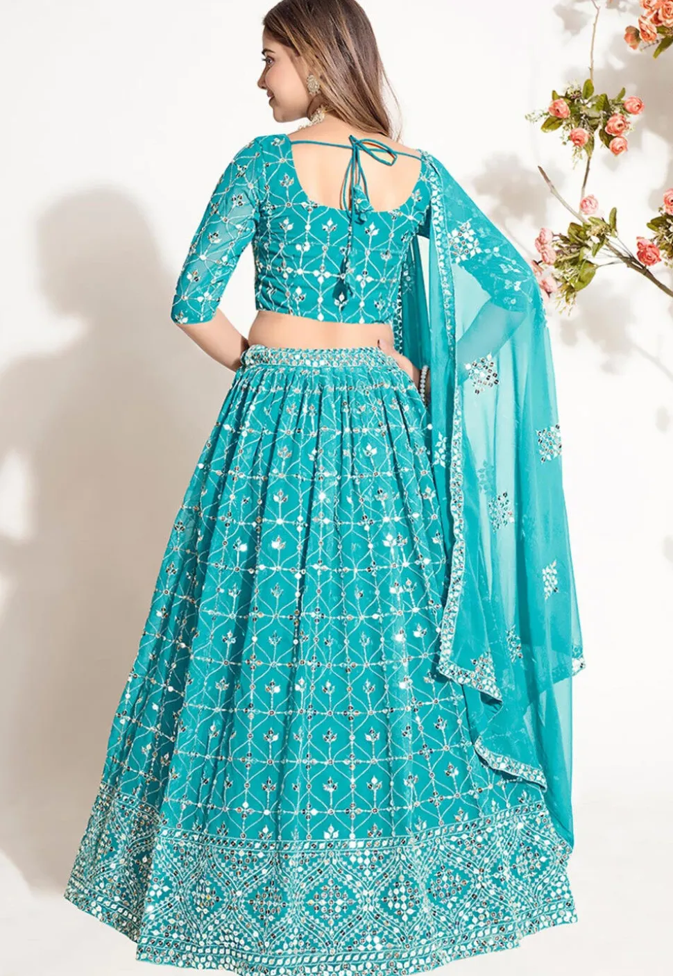 Embroidered Georgette Lehenga in Sky Blue