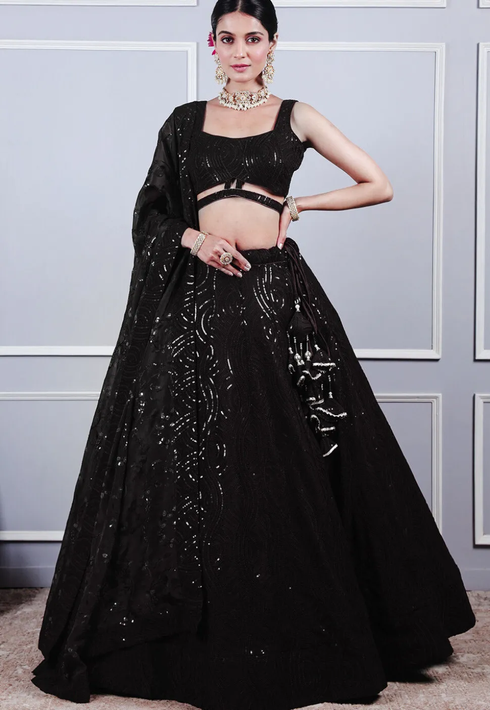 Embroidered Georgette Lehenga in Black
