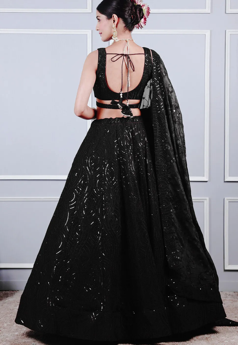 Embroidered Georgette Lehenga in Black