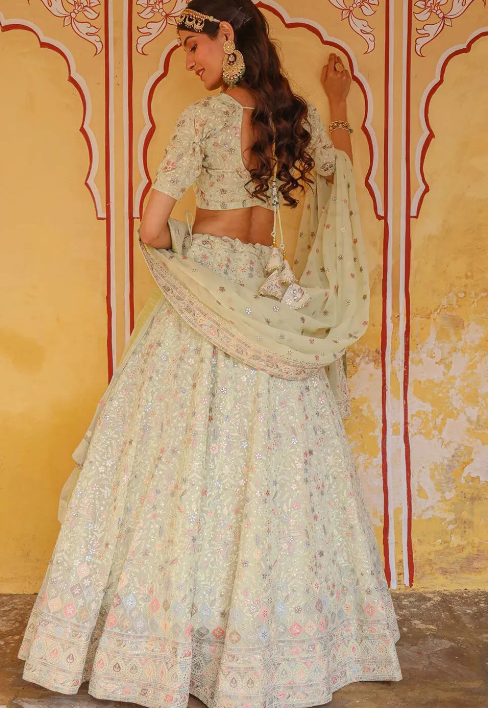 Embroidered Georgette Lehenga in Light Olive Green