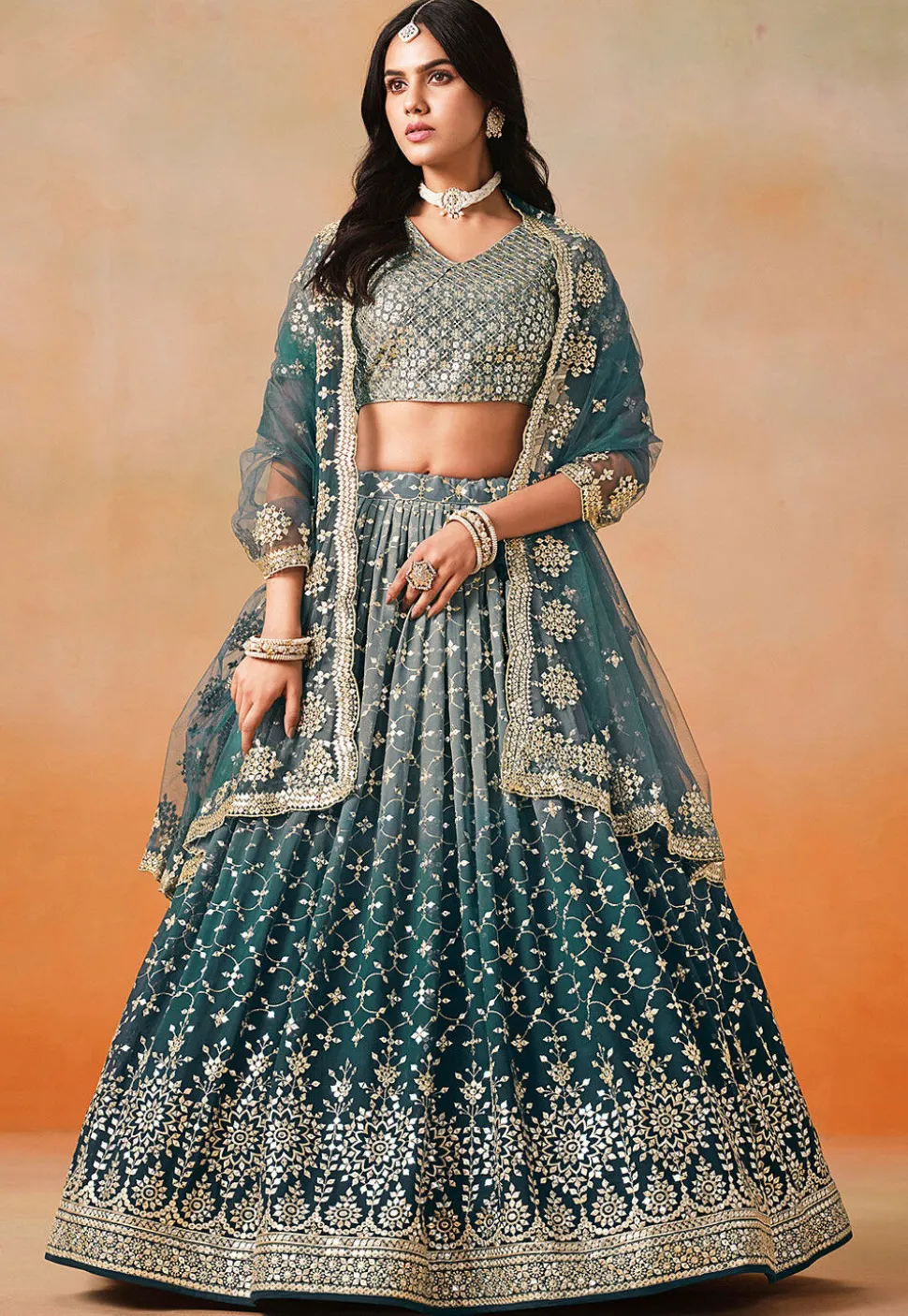 Embroidered Georgette Lehenga in Blue