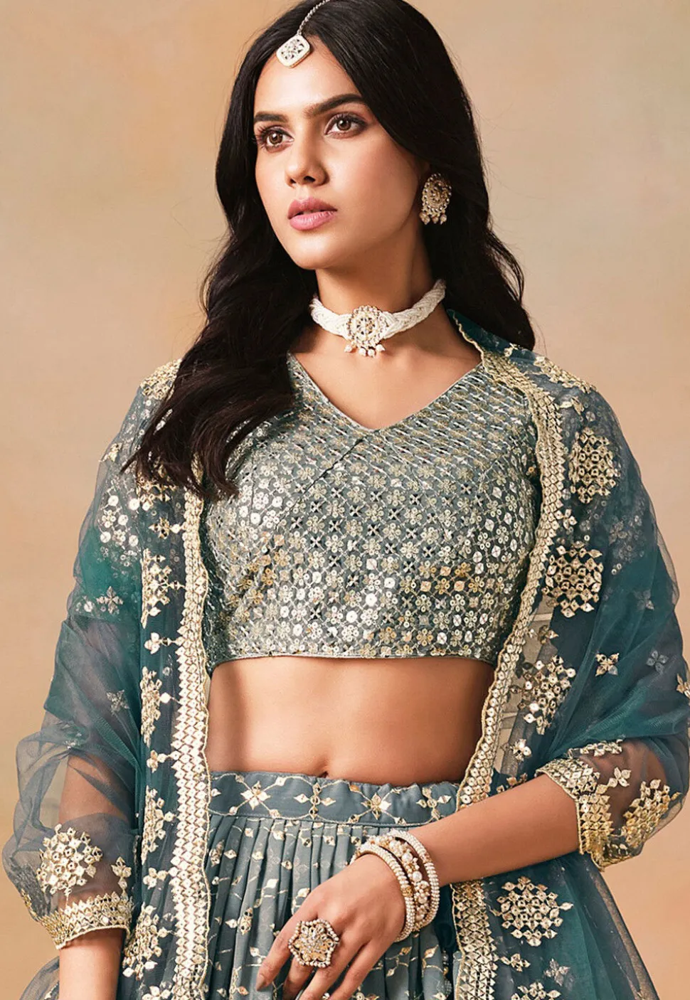 Embroidered Georgette Lehenga in Blue