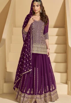 Embroidered Georgette Lehenga in Purple