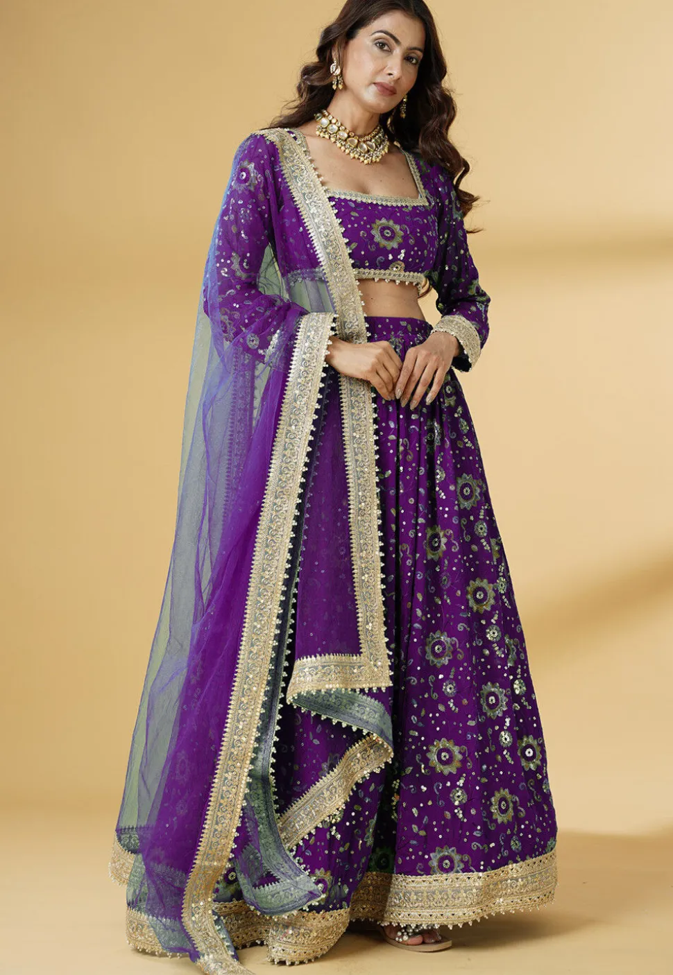 Embroidered Georgette Lehenga in Purple