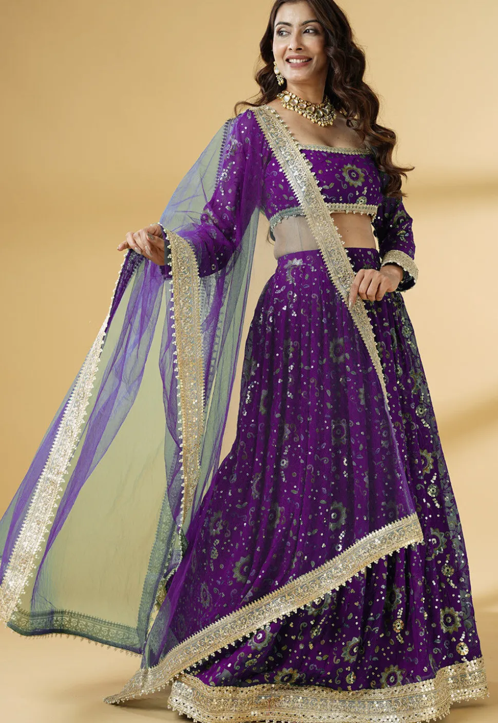 Embroidered Georgette Lehenga in Purple