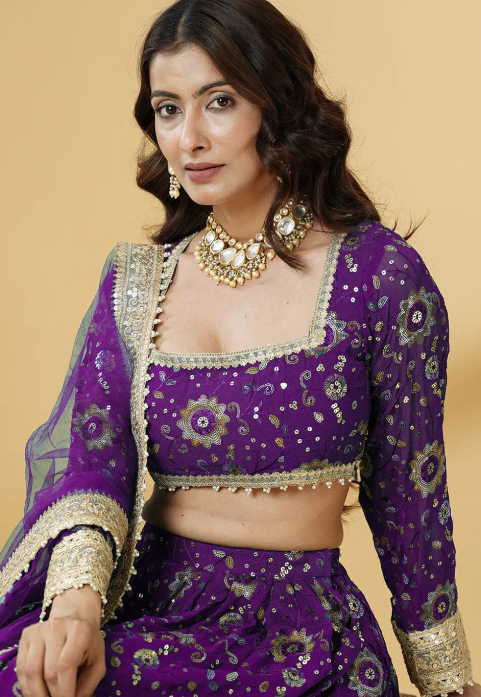 Embroidered Georgette Lehenga in Purple