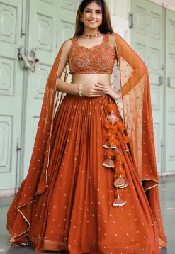 Embroidered Georgette Lehenga in Orange