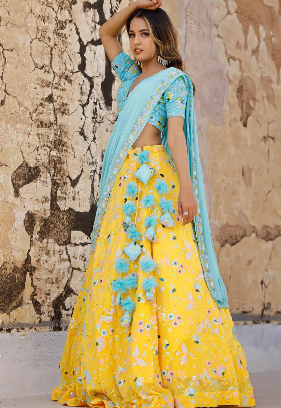 Embroidered Georgette Lehenga in Yellow