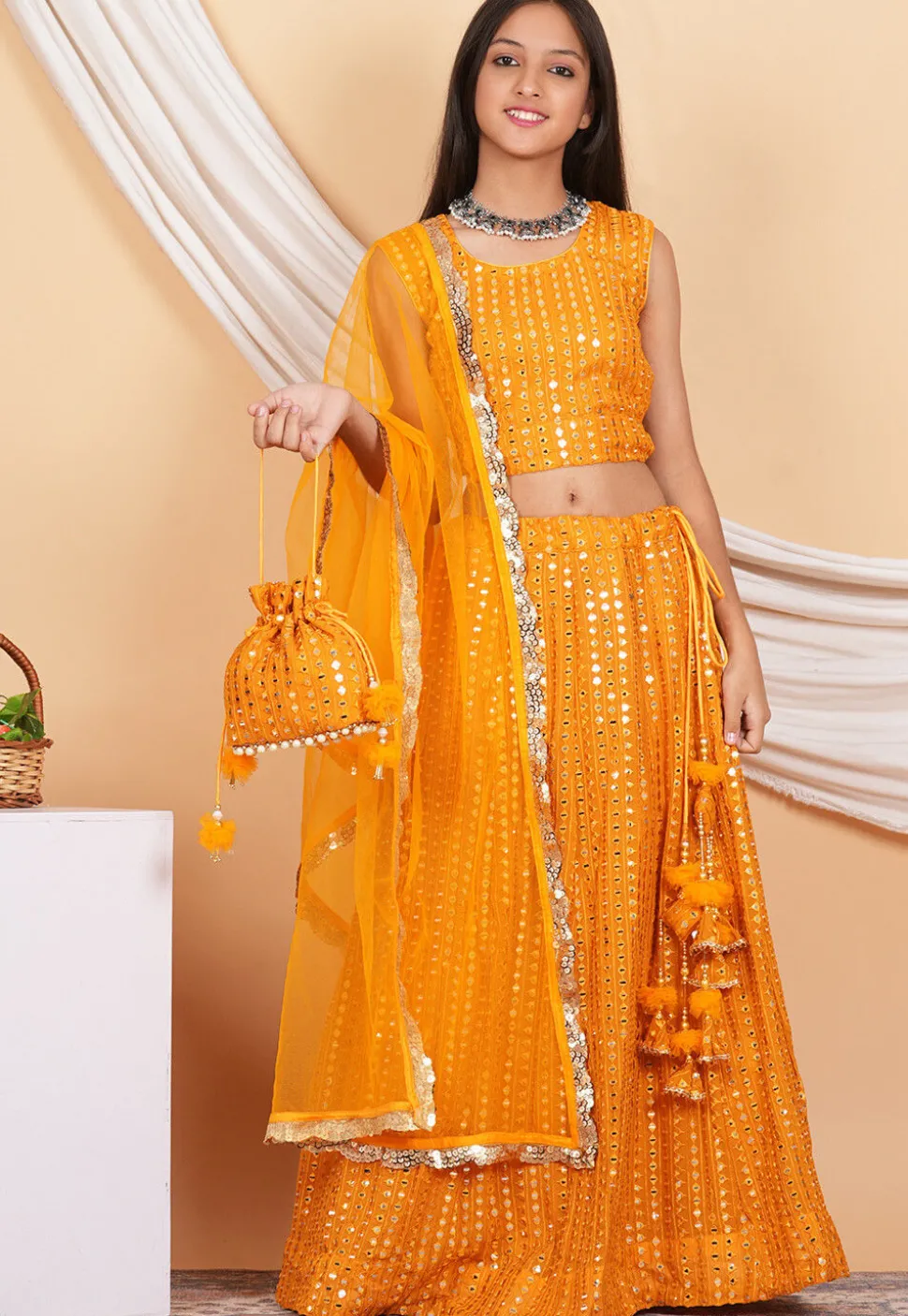 Embroidered Georgette Lehenga in Orange