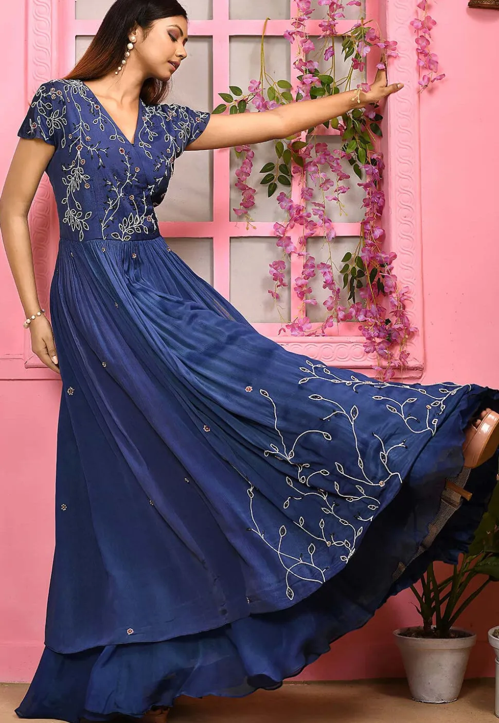 Embroidered Georgette Lehenga in Blue