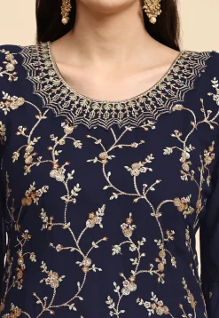 Embroidered Georgette Lehenga in Navy Blue