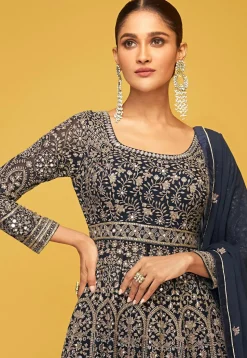 Embroidered Georgette Lehenga in Navy Blue