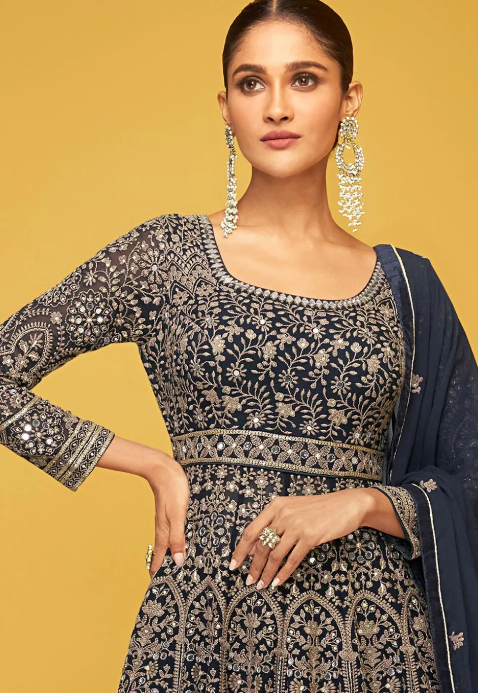 Embroidered Georgette Lehenga in Navy Blue