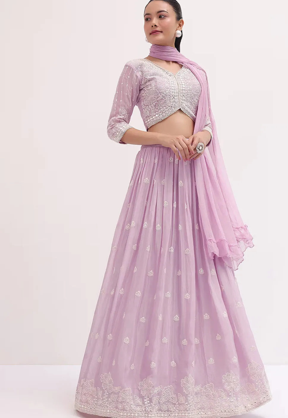 Embroidered Georgette Lehenga in Light Purple