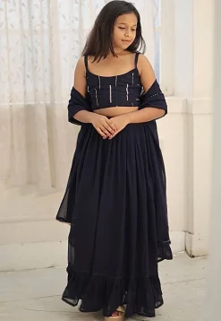 Embroidered Georgette Lehenga in Navy Blue
