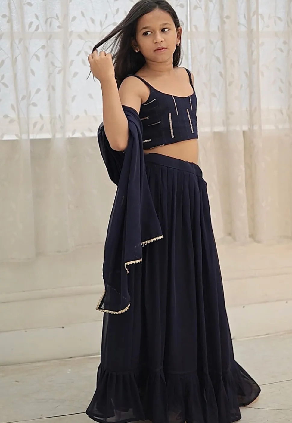 Embroidered Georgette Lehenga in Navy Blue