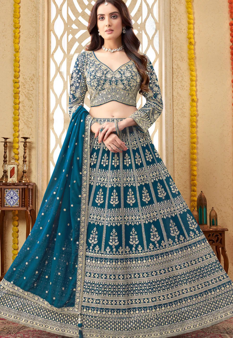 Embroidered Georgette Lehenga in Teal Blue