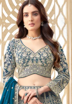 Embroidered Georgette Lehenga in Teal Blue