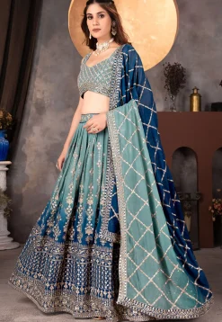 Embroidered Georgette Lehenga in Dusty Green and Blue