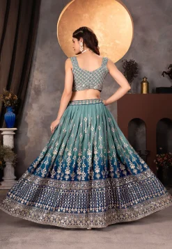 Embroidered Georgette Lehenga in Dusty Green and Blue
