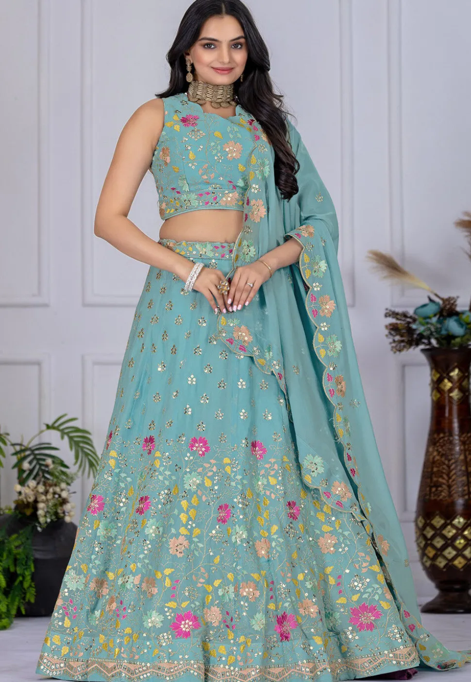 Embroidered Georgette Lehenga in Light Blue