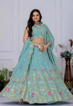 Embroidered Georgette Lehenga in Light Blue