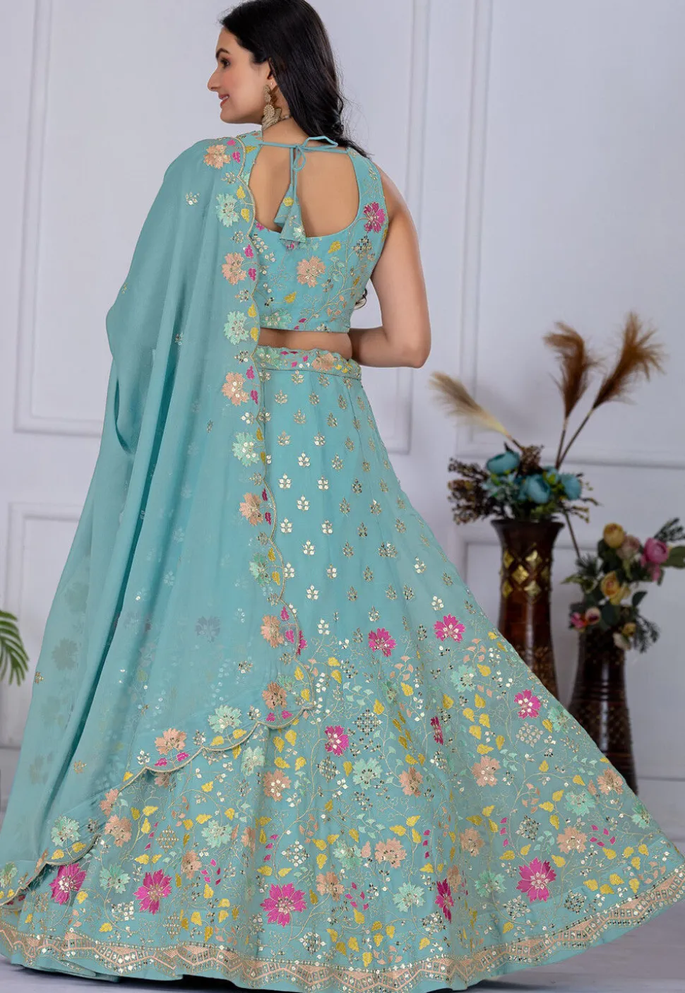 Embroidered Georgette Lehenga in Light Blue
