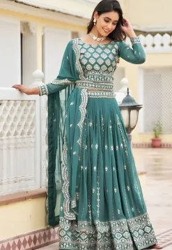 Embroidered Georgette Lehenga in Teal Blue