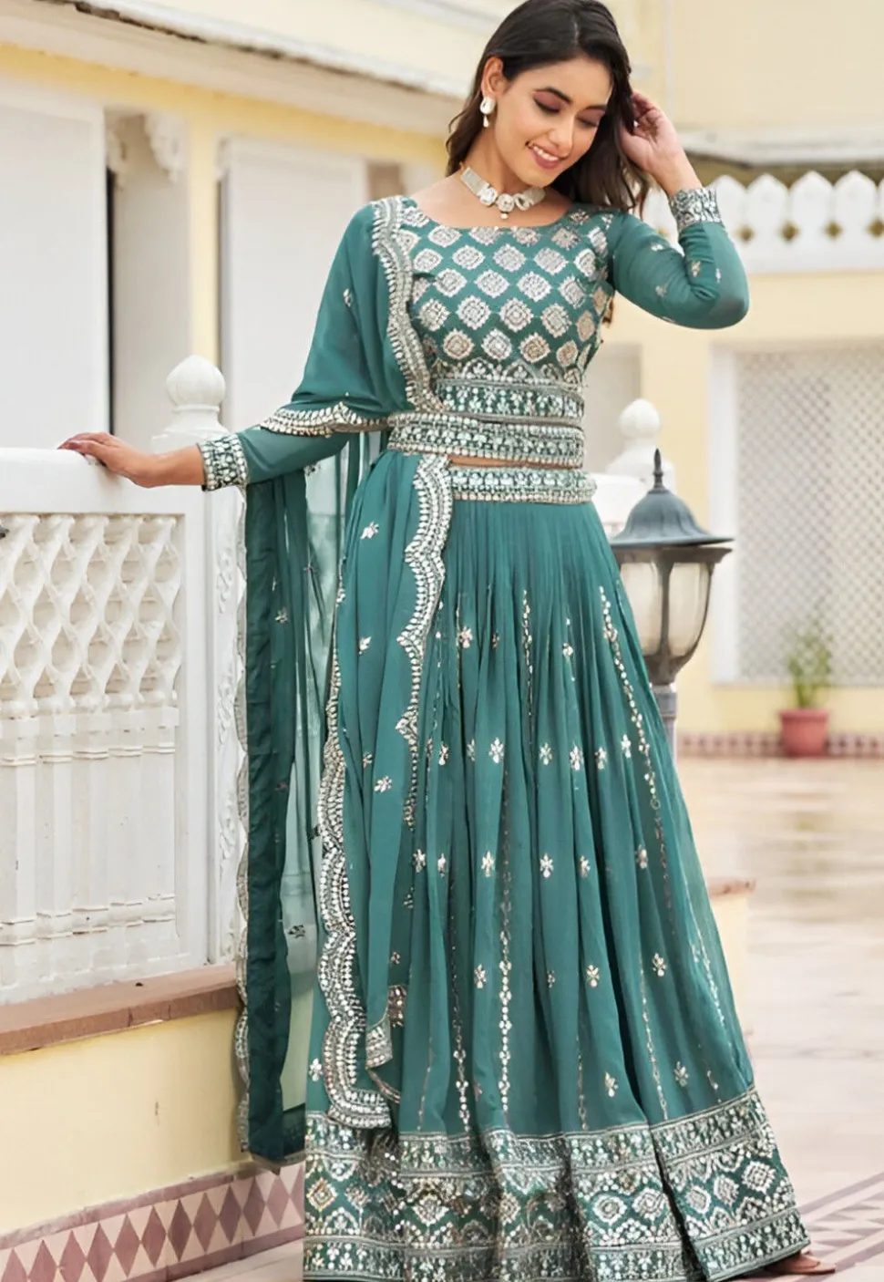Embroidered Georgette Lehenga in Teal Blue
