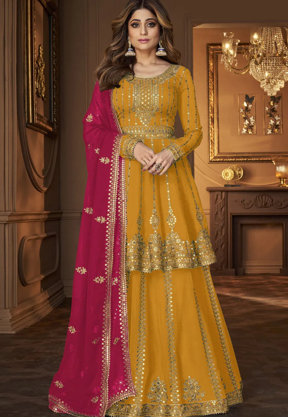 Embroidered Georgette Lehenga in Yellow