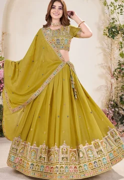 Embroidered Georgette Lehenga in Dusty Yellow