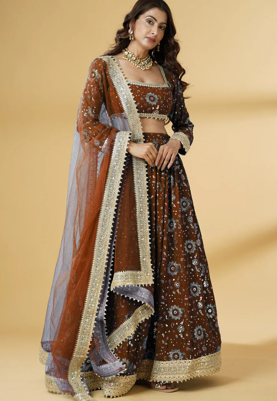 Embroidered Georgette Lehenga in Brown
