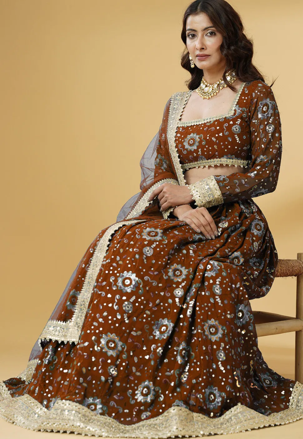 Embroidered Georgette Lehenga in Brown