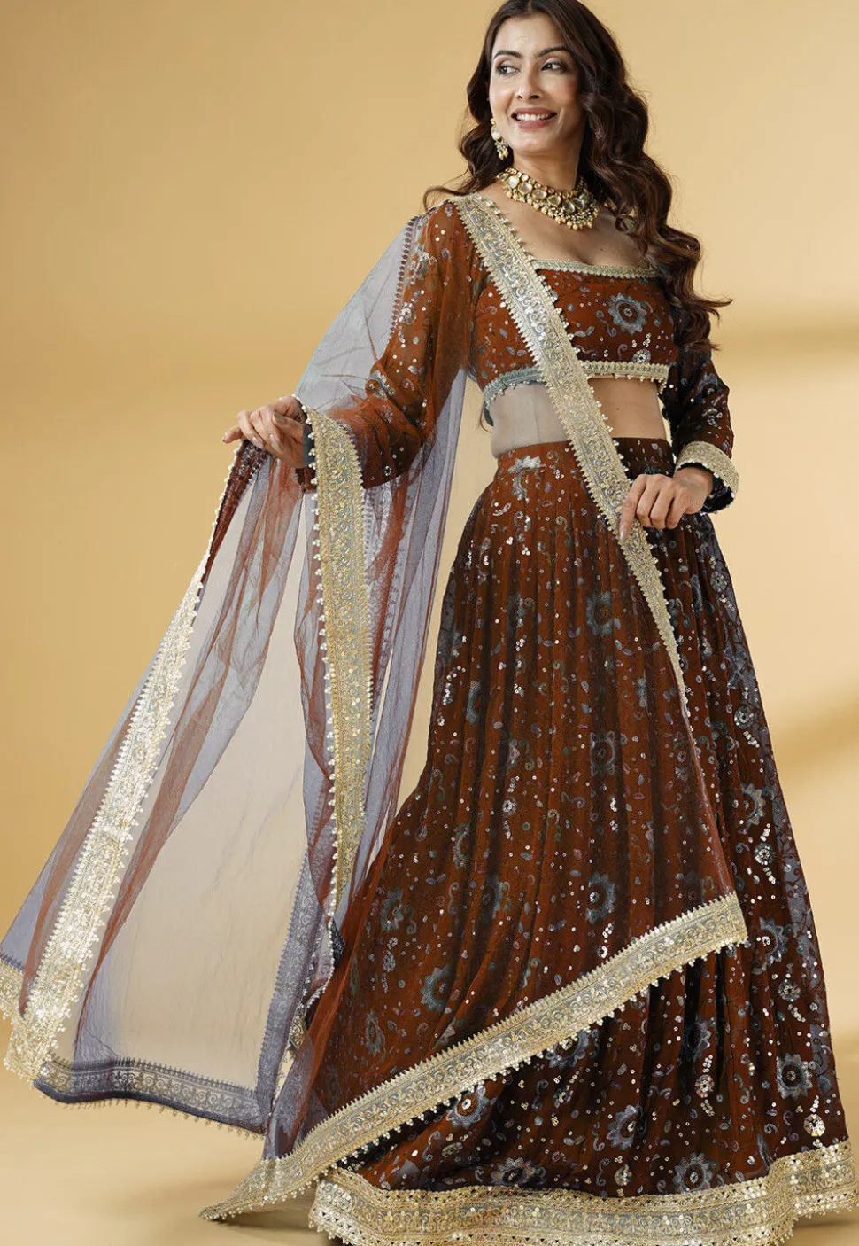 Embroidered Georgette Lehenga in Brown