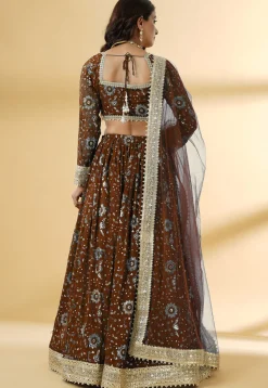 Embroidered Georgette Lehenga in Brown