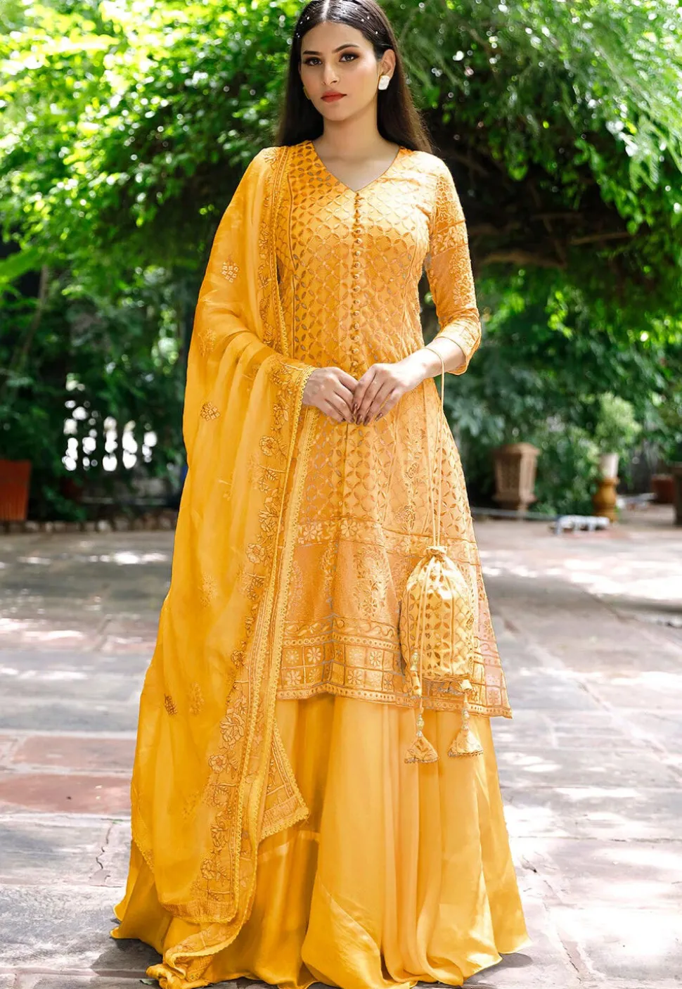 Embroidered Georgette Lehenga in Light Mustard