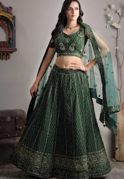 Embroidered Georgette Lehenga in Green