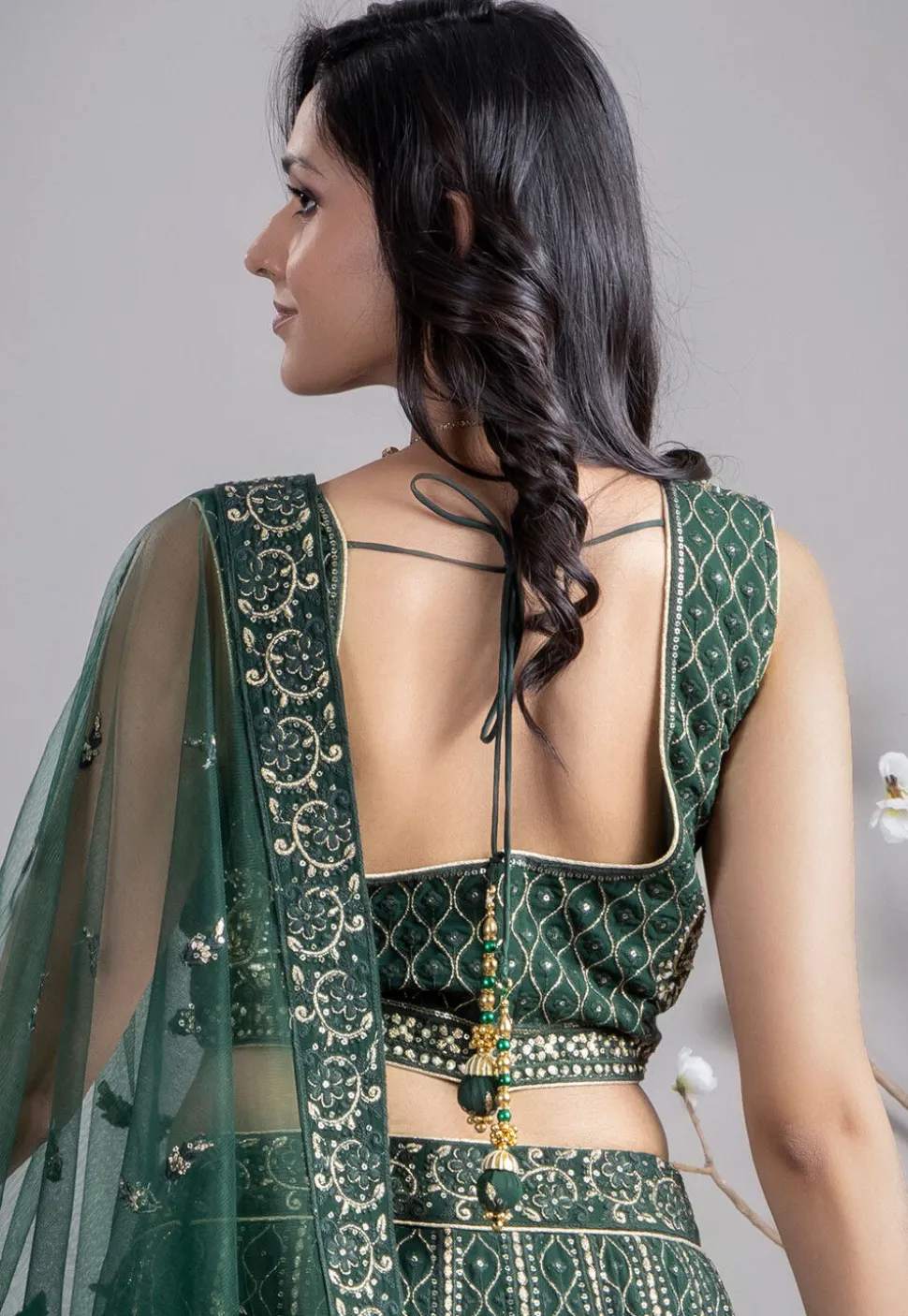 Embroidered Georgette Lehenga in Green